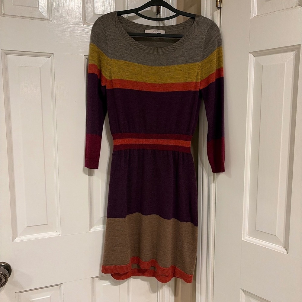 LOFT Sweater Dress Womens Small Multi Color Stripe Wool Blend Excellent Mini